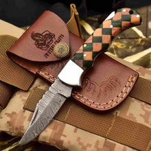 Load image into Gallery viewer, Handmade Damascus Folding Knife – Checker Pattern Wood Handle (Red, Green, Blue) with Leather Sheath