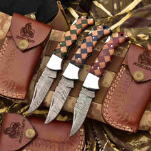 Load image into Gallery viewer, Handmade Damascus Folding Knife – Checker Pattern Wood Handle (Red, Green, Blue) with Leather Sheath