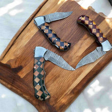 Load image into Gallery viewer, Handmade Damascus Folding Knife – Checker Pattern Wood Handle (Red, Green, Blue) with Leather Sheath