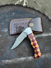 Load image into Gallery viewer, Handmade Damascus Folding Knife – Checker Pattern Wood Handle (Red, Green, Blue) with Leather Sheath