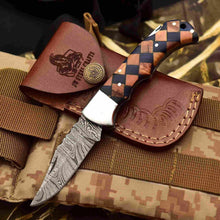 Load image into Gallery viewer, Handmade Damascus Folding Knife – Checker Pattern Wood Handle (Red, Green, Blue) with Leather Sheath