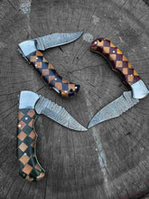 Load image into Gallery viewer, Handmade Damascus Folding Knife – Checker Pattern Wood Handle (Red, Green, Blue) with Leather Sheath