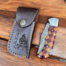 Load image into Gallery viewer, Handmade Damascus Folding Knife – Checker Pattern Wood Handle (Red, Green, Blue) with Leather Sheath