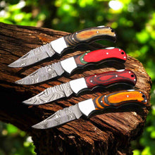 Load image into Gallery viewer, Handmade Damascus Folding Knife – Pakka Wood Handle (4 Color Variations)