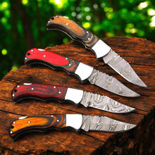 Load image into Gallery viewer, Handmade Damascus Folding Knife – Pakka Wood Handle (4 Color Variations)