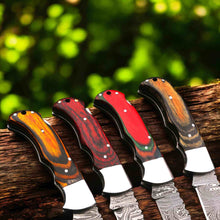 Load image into Gallery viewer, Handmade Damascus Folding Knife – Pakka Wood Handle (4 Color Variations)