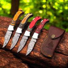 Load image into Gallery viewer, Handmade Damascus Folding Knife – Pakka Wood Handle (4 Color Variations)