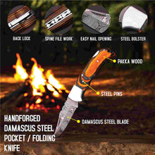 Load image into Gallery viewer, Handmade Damascus Folding Knife – Pakka Wood Handle (4 Color Variations)