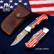 Load image into Gallery viewer, Handmade Damascus Folding Knife – Ram Horn or American Flag Handle