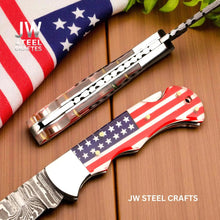 Load image into Gallery viewer, American Flag Damascus Folding Hunter with Ram Horn Handle