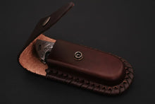 Load image into Gallery viewer, Handmade Damascus Folding Knife with Bone Handle – Compact EDC Pocket Knife with Leather Sheath