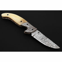 Load image into Gallery viewer, Handmade Damascus Folding Knife with Bone Handle – Compact EDC Pocket Knife with Leather Sheath
