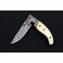 Load image into Gallery viewer, Handmade Damascus Folding Knife with Bone Handle – Compact EDC Pocket Knife with Leather Sheath
