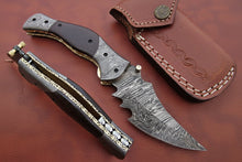 Load image into Gallery viewer, Handmade Damascus Folding Knife with Dark Wood Handle &amp; Spine Jimping – Custom EDC Pocket Knife by JW SteelCrafts