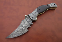 Load image into Gallery viewer, Handmade Damascus Folding Knife with Dark Wood Handle &amp; Spine Jimping – Custom EDC Pocket Knife by JW SteelCrafts