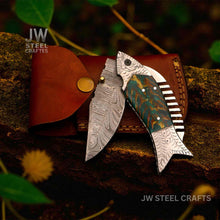 Load image into Gallery viewer, Handmade Damascus Folding Knife with Green Pinecone Resin Handle