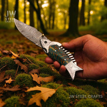 Load image into Gallery viewer, Handmade Damascus Folding Knife with Green Pinecone Resin Handle