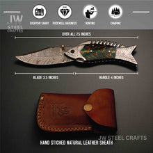 Load image into Gallery viewer, Handmade Damascus Folding Knife with Green Pinecone Resin Handle