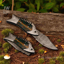 Load image into Gallery viewer, Handmade Damascus Folding Knife with Green Pinecone Resin Handle
