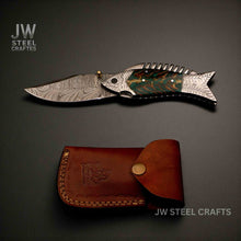 Load image into Gallery viewer, Handmade Damascus Folding Knife with Green Pinecone Resin Handle