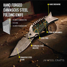 Load image into Gallery viewer, Handmade Damascus Folding Knife with Green Pinecone Resin Handle