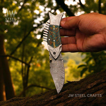 Load image into Gallery viewer, Handmade Damascus Folding Knife with Green Pinecone Resin Handle