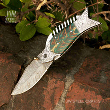 Load image into Gallery viewer, Handmade Damascus Folding Knife with Green Pinecone Resin Handle