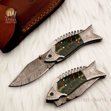 Load image into Gallery viewer, Handmade Damascus Folding Knife with Green Pinecone Resin Handle