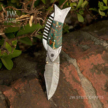 Load image into Gallery viewer, Handmade Damascus Folding Knife with Green Pinecone Resin Handle