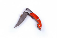 Load image into Gallery viewer, Handmade Damascus Folding Knife with Orange Pakka Wood Handle &amp; Leather Sheath