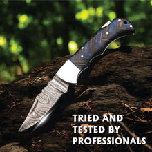Load image into Gallery viewer, Handmade Damascus Folding Knife with Pakka Wood Handle &amp; Leather Sheath
