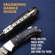 Load image into Gallery viewer, Handmade Damascus Folding Knife with Pakka Wood Handle &amp; Leather Sheath