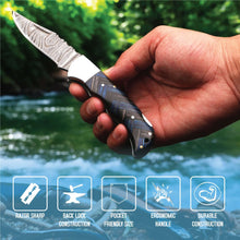 Load image into Gallery viewer, Handmade Damascus Folding Knife with Pakka Wood Handle &amp; Leather Sheath