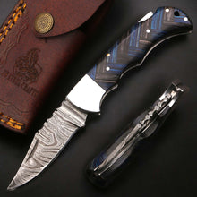 Load image into Gallery viewer, Handmade Damascus Folding Knife with Pakka Wood Handle &amp; Leather Sheath
