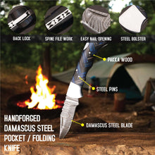 Load image into Gallery viewer, Handmade Damascus Folding Knife with Pakka Wood Handle &amp; Leather Sheath