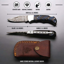 Load image into Gallery viewer, Handmade Damascus Folding Knife with Pakka Wood Handle &amp; Leather Sheath
