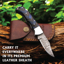 Load image into Gallery viewer, Handmade Damascus Folding Knife with Pakka Wood Handle &amp; Leather Sheath