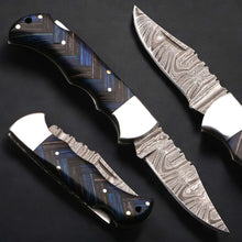 Load image into Gallery viewer, Handmade Damascus Folding Knife with Pakka Wood Handle &amp; Leather Sheath