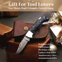 Load image into Gallery viewer, Handmade Damascus Folding Knife with Pakka Wood Handle &amp; Leather Sheath