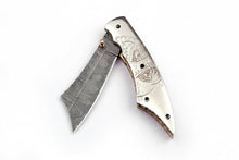 Load image into Gallery viewer, Handmade Damascus Folding Knife with Wolf Engraved Bone Handle &amp; Leather Sheath