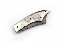Load image into Gallery viewer, Handmade Damascus Folding Knife with Wolf Engraved Bone Handle &amp; Leather Sheath