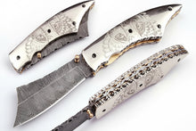 Load image into Gallery viewer, Handmade Damascus Folding Knife with Wolf Engraved Bone Handle &amp; Leather Sheath