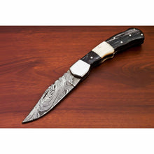 Load image into Gallery viewer, Handmade Damascus Folding Pocket Knife – Engraved &amp; Plain Handle Variants | Leather Sheath Included