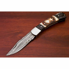 Load image into Gallery viewer, Handmade Damascus Folding Pocket Knife – Engraved &amp; Plain Handle Variants | Leather Sheath Included