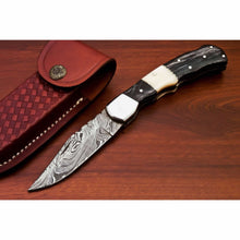 Load image into Gallery viewer, Handmade Damascus Folding Pocket Knife – Engraved &amp; Plain Handle Variants | Leather Sheath Included