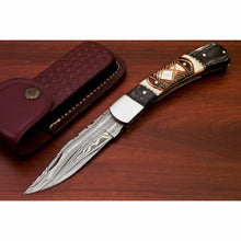 Load image into Gallery viewer, Handmade Damascus Folding Pocket Knife – Engraved &amp; Plain Handle Variants | Leather Sheath Included