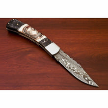 Load image into Gallery viewer, Handmade Damascus Folding Pocket Knife – Engraved &amp; Plain Handle Variants | Leather Sheath Included