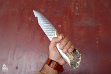 Load image into Gallery viewer, Handmade Damascus Gut Hook Skinner Knife With Deer Horn Handle