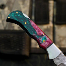 Load image into Gallery viewer, Damascus Folding Pocket Knife with Resin Handle | Handmade Hunting Knife