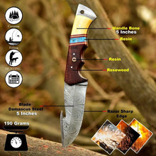 Load image into Gallery viewer, 10-Inch Damascus Gut Hook Hunting Knife — Bone, Turquoise Resin &amp; Rosewood Handle